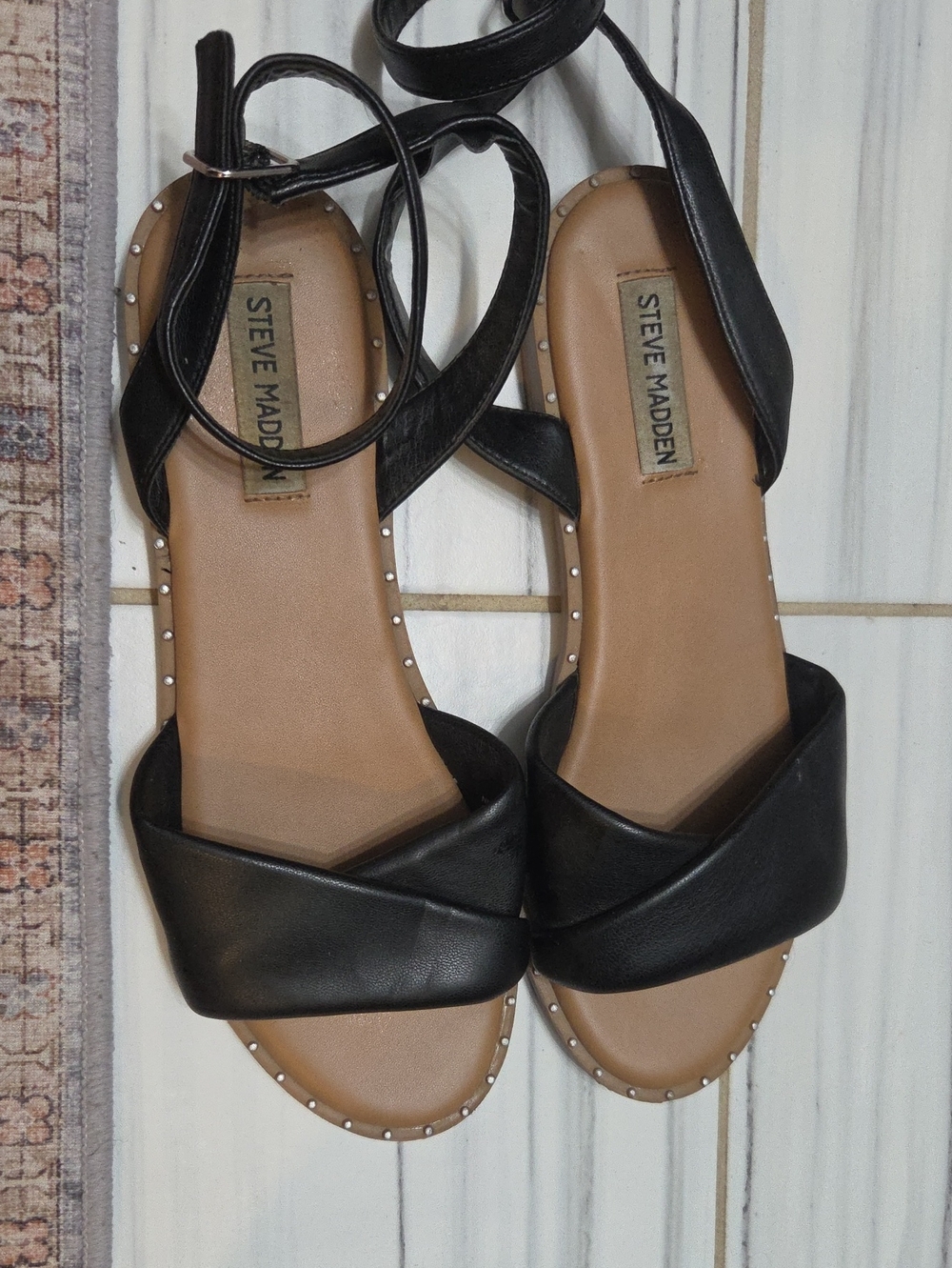 Steve Madden Black Leather Ankle-Strap Flat Sandals
